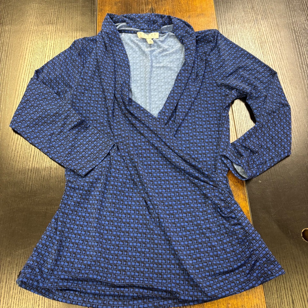 Chaus New York Blue Black Geometric Surplice Wrap Top 3/4 Sleeve‎ Ruched Medium